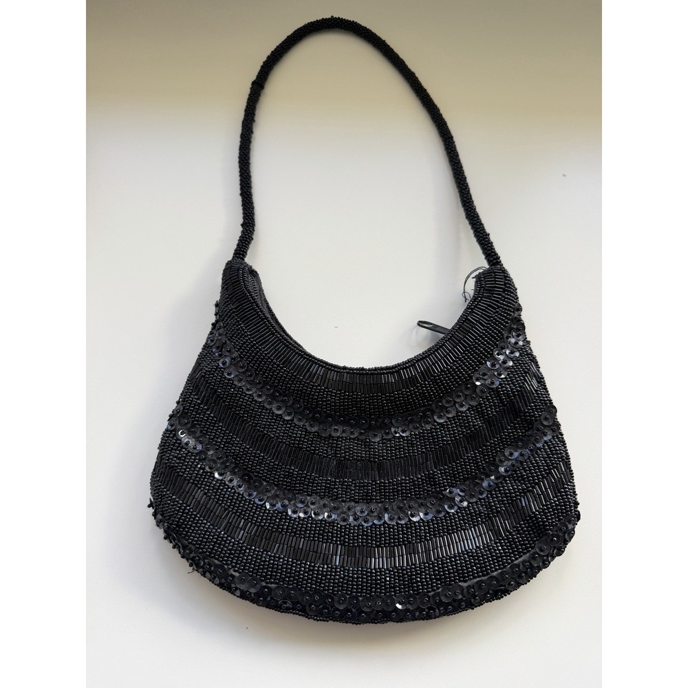Vintage Cache Black Sequins Mini Crescent Purse Y2K 90s Whimsigoth Formal Witchy